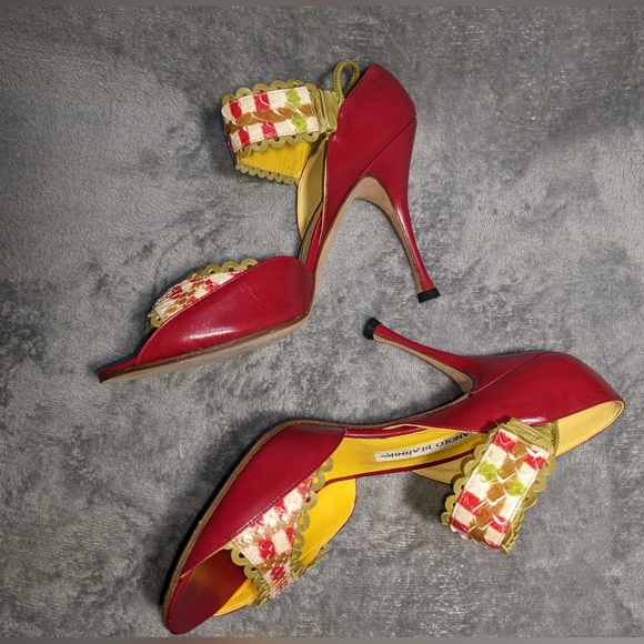 Manolo Blahnik Red and Yellow Strapped Heels - Picture 6 of 10